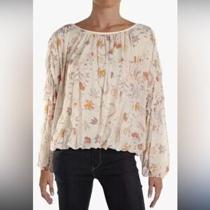 Free People Wildflower Honey Floral Ruffle Sleeve Bubble Hem Cream Blouse Medium